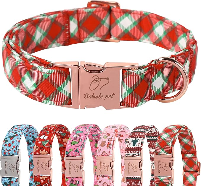 Christmas Dog Collar for Large Dogs - Christmas Red Green Plaid Dog Collars, Adjustable Heavy Duty Pet Winter Holiday Collar with Metal Buckle L