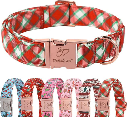 Christmas Dog Collar for Large Dogs - Christmas Red Green Plaid Dog Collars, Adjustable Heavy Duty Pet Winter Holiday Collar with Metal Buckle L