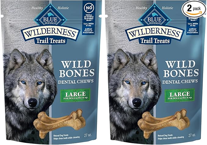 Blue Buffalo Wilderness Wild Bones Grain-Free Dental Chews Dog Treats, Large, 27-oz Bag, (Pack of 2)