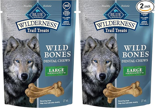 Blue Buffalo Wilderness Wild Bones Grain-Free Dental Chews Dog Treats, Large, 27-oz Bag, (Pack of 2)