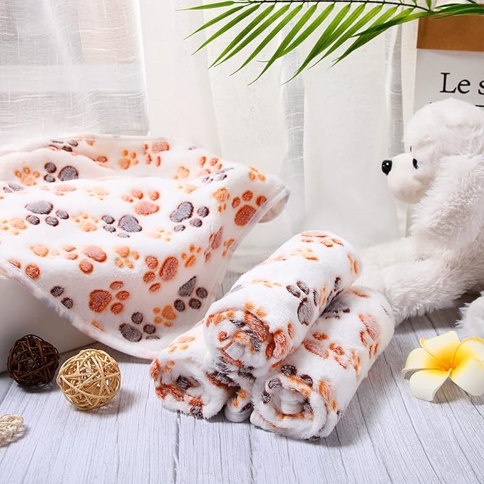 Tatuo 4 Pack Fleece Dog Blankets for Puppy Cats Multi-Size Sleep Mat for Pet Guinea Pig Soft Washable Warm Crate Bed Puppy Teething Toys Print Pattern Blanket Indoor(White,30 x 20.5 Inch,Paw)