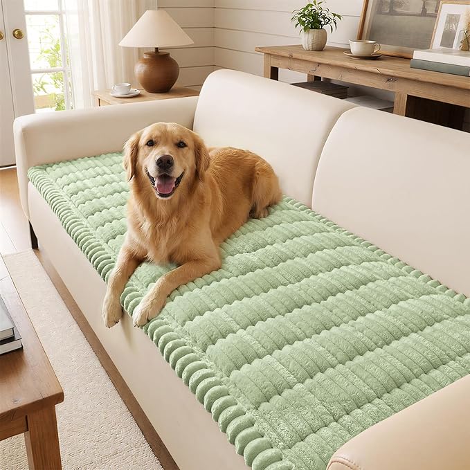 decorUhome Non-Slip Fuzzy Couch Cover for Dogs, Soft Thick Washable Pet-Friendly Protector, Sofa Slipcover for 3 Cushion Couch Sofa, Green, 27.6" x 88"