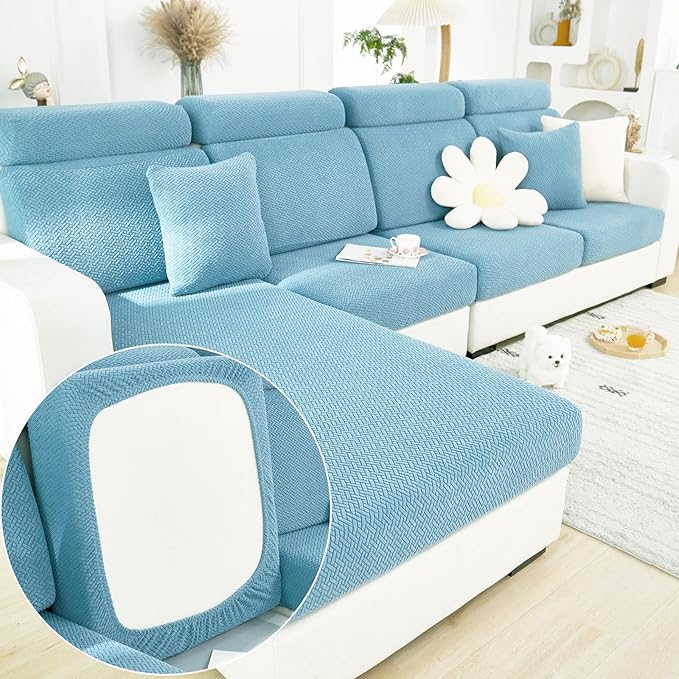 Yoovat Couch Cushion Covers for Sofa Couch Covers Wear-Resistant Universal Sofa Cover Washable Stretch for Sectional Slipcovers (Texture-Sea Blue,Back Cover L)