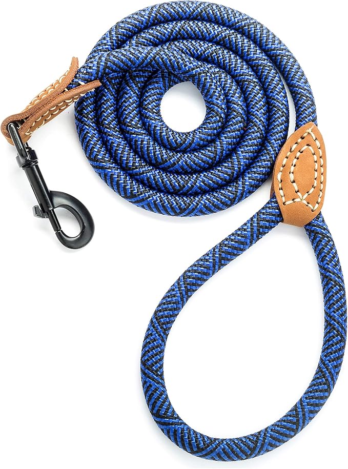 Mile High Life Rope Leash with Genuine Leather Connection, 6 FT/5 FT/4 FT, Heavy Duty Leash for Medium & Large Dogs (Blue, 72 Inch)
