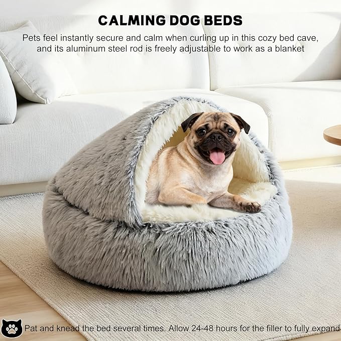 YUDANSI Calming Small Dog Bed & Indoor Cat Bed - Plush Fluffy Hooded Cave Nest, Anti-Slip Self-Warming, Washable Built-in No-Collapsing Support (Grey-65cm/26in)