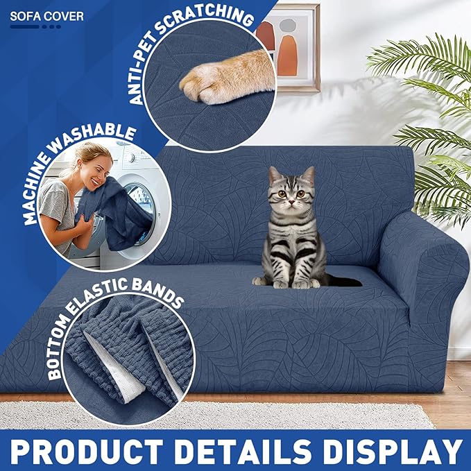 YEMYHOM Couch Cover Latest Jacquard Design High Stretch Sofa Covers for 2 Cushion Couch, Pet Dog Cat Proof Loveseat Slipcover Non Slip Elastic Furniture Protector (Medium, Begonia Leaf Navy)