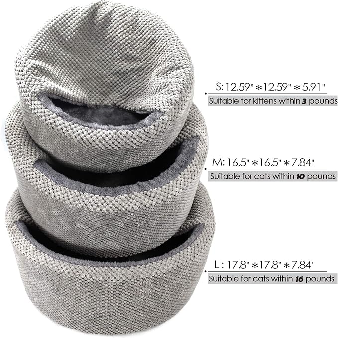 Winsterch Large Cat Bed - Soft, Enclosed & Washable cat Cave Bed for Indoor/Outdoor Cats & Kittens with Anti-Slip Bottom,Calming, Covered Cave Bed (Gray,17.8 x 17.8 x 7.84 in)