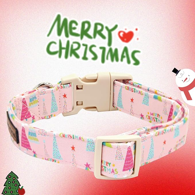 Elegant little tail Christmas Dog Collar - Christmas Tree Pink Pet Collar Cotton Soft Plastic Buckle Sturdy Puppy Collars Holiday Female or Male Adjustable Collar for Medium Dogs