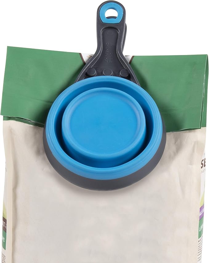 Dexas Pets Collapsible KlipScoop Collapsible Dry Dog Food Scoop and Dog Food Bag Clip, 2 Cup Capacity, Pro Blue