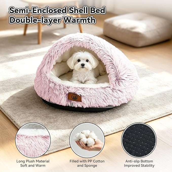 YooxArmor Washable Dog Bed, Windproof Round Hooded Cat Bed Cave for Small Medium Pets, Self Warming Anti-Anxiety House with Fluffy Cover (Pink-M)