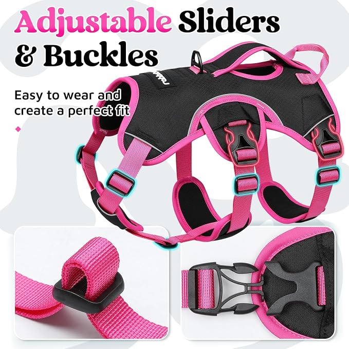 rabbitgoo Escape Proof Dog Harness Large Dogs, Soft Padded Full Body Pet Harness, Reflective Adjustable No Pull Vest with Lift Handle and Leash Clip for Walking Hiking Training, Pink & Black, L