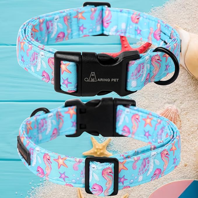 ARING PET Summer Dog Collar, Cute Blue Starfish Seahorse Doggy Collars for Puppy Small Medium Large Boy Girl Dogs Pet, for Daily Photos Outdoor Beach Walking Picnic, M
