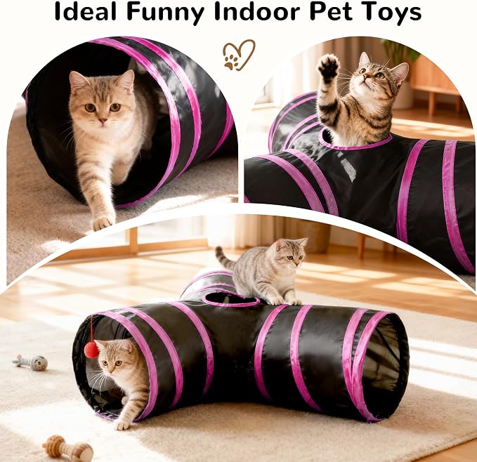 Tempcore Cat Tunnel for Indoor Cats, 3 Way Collapsible Pet Play Tunnel with Teaser Wand, Peek Holes & Hanging Ball, Interactive Tube for Kittens & Rabbits, Black & Rose Red