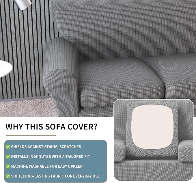 Stretch Couch Covers for 2 Separate Cushion Couch Sofa -Living Room Couch Sofa Cover,Washable Sofa Slipcover,Pet Friendly Furniture Protector with Elastic Bottom,Universal Fit for Home(Gray,Loveseat)