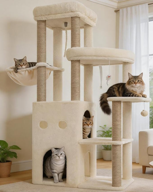 Heybly Cat Tree, 59.4" Secure Anti-Tip Cat Tower for Large Cats, Spacious Cat Furniture with Dual-Tier Cat Condo, 2 Top Perches, Hammock and Sisal Scratching Posts, Beige HCT055MJ