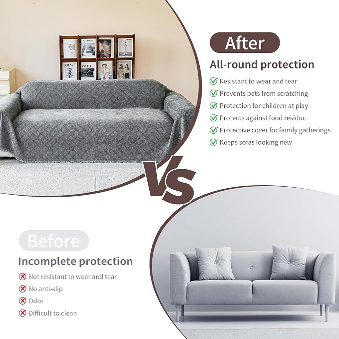 VANJOROY Grey Couch Chair Cover, Armchair for 1 Cushion Couch, Washable Chenille Sofa Cover Protector Soft Sofa Slipcovers for Pets Dog with Tassel,71"x 91"