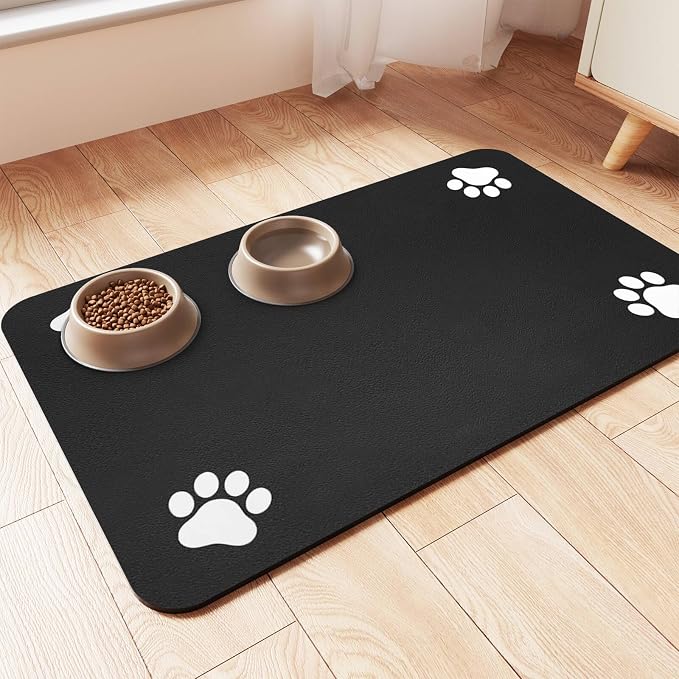 Pet Feeding Mat-Absorbent Pet Placemat for Food and Water Bowl, with Waterproof Rubber Backing, Quick Dry Water Dispenser Mat for Dog and Cat (32"x22", Black)