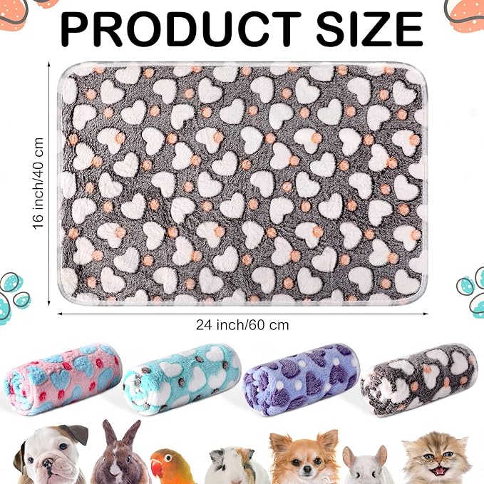 Reginary 4 Pcs Waterproof Guinea Pig Blankets Washable Small Animal Fleece Bedding Absorbent Guinea Pig Cage Liners Reusable Training Pee Pad Pet Sleep Mat for Hamster(Heart Pattern,24 x 16 Inch)