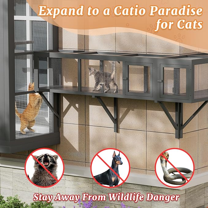 Outdoor Cat Tunnel with Extendable Design, Catio Enclosure Window Box Connecting Inside and Outside，Expandable Space and Channels, Paradise for Sunbathing and Running (Grey, 2-Pack)