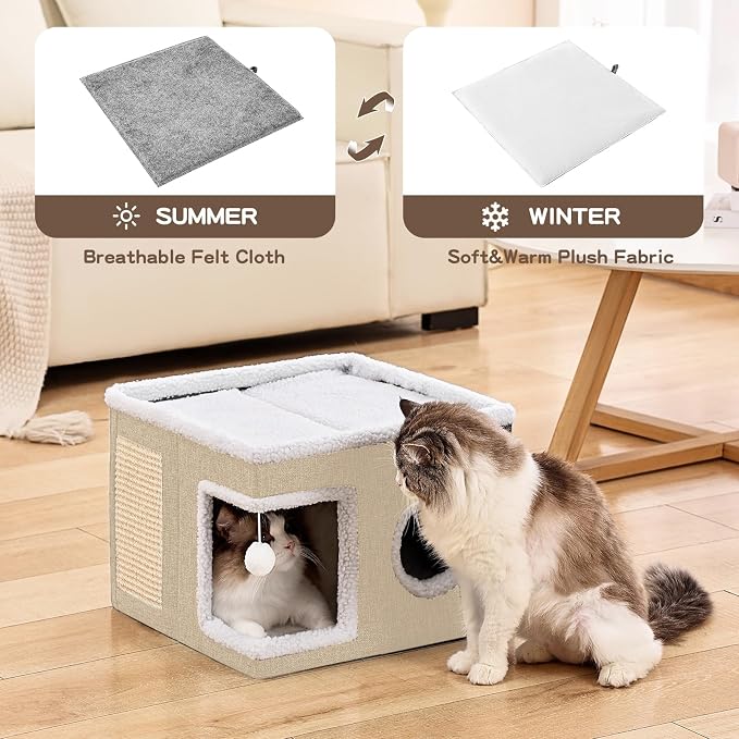 Cat Beds for Indoor Cats Houses, Large Cat Cave with Fluffy Ball and Scratch Pad, Foldable Cat House with Hideaway Tent for Kitten, 16x16x13inch, Khaki
