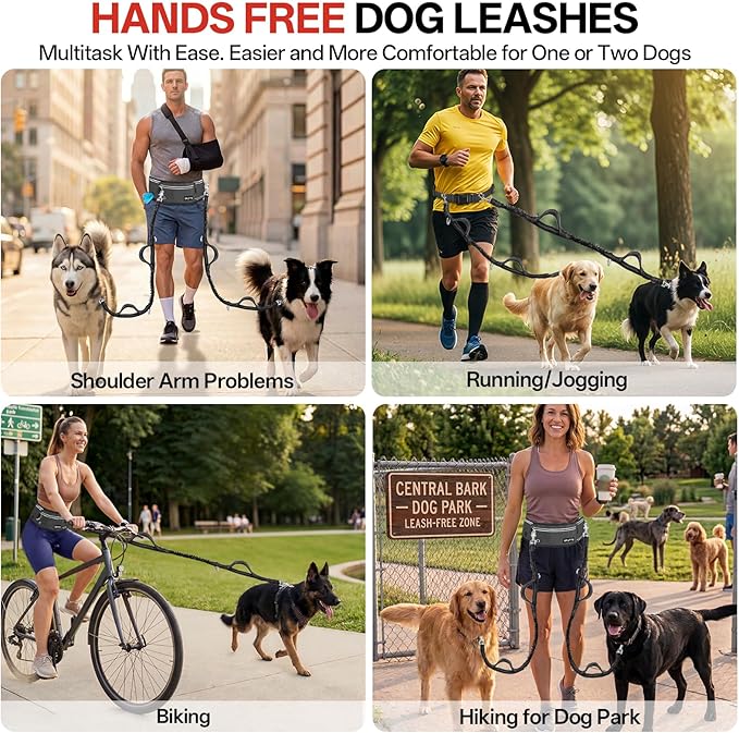 Hands Free Double Dog Leash for Two Dogs,240LB Heavy Duty Retractable with Partitioned Pouch Adjustable Waist for Walking Running Jogging Hiking Biking Training for Medium/Large(Not for＜25LBS)