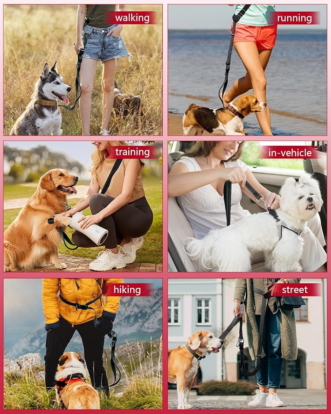 Hands Free Dog Leash, Multifunctional Crossbody Dog Leash, 5.9-9.5Ft Long Waist Belt with Car Safety Buckle and Double-Sided Reflective Stitches for Medium and Large Dogs.(Black)