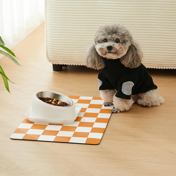 Checkered Dog Feeding Mat, Absorbent Mats for Dog Food and Water Bowl, Dispenser, Aesthetic Orange Checkerboard Pet Placemat for Dogs, Cats, Puppy Accessories (Orange, 12 x 19)