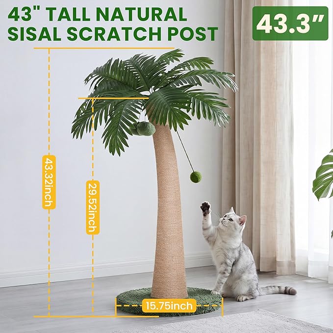43 Inch Tall Cat Scratching Post for Indoor Large Cats, Natural Sisal Scratch Post with Hanging Toys, Stable Base Cat Scratcher for Kittens & Adult Cats, Tropical Cat Tree Furniture