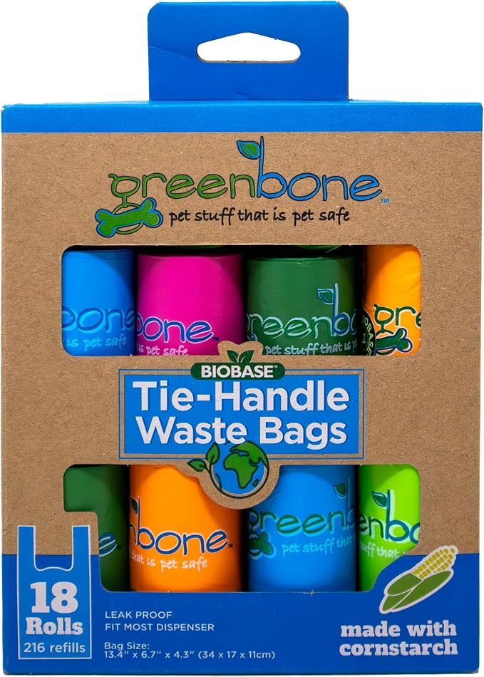 Greenbone BioBase Cat or Dog Poop Bags with Handles Tie, 18 Dispenser Rolls - 216 Bags- Large Leak Proof- Pink, Green, Orange, Blue Variety