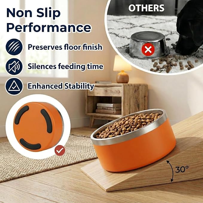 Stainless Steel Slow Feeder Dog Bowl, Heavy Duty Thickened Metal Dog Bowl, Non-Slip Base, Dishwasher Safe, Anti Gulping Feeding Bowl for Small to Medium Dogs & Cats, 56 oz, (Orange)
