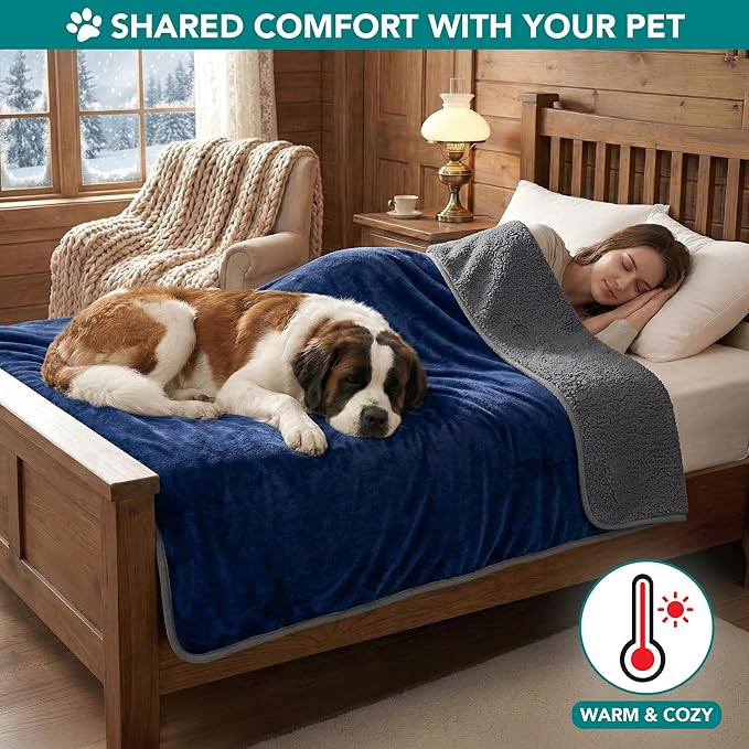 PetAmi Premium Waterproof Dog Blanket for Large Dogs, Reversible Sherpa & Flannel Fleece, Leakproof Pet Throw for Couch Protection, Soft Plush Furniture Protector for Cats, Washable, 60x80 Navy/Grey