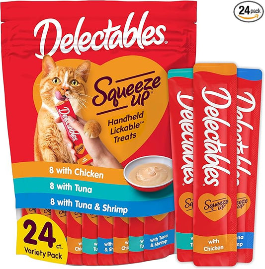 Delectables Squeeze Up Variety Pack, Creamy Squeezable Puree, Lickable Wet Cat Treats, Grain Free, No Added Fillers, No By-Products, No Added Preservatives, 0.5 Ounces Tube, 24 Tubes Total
