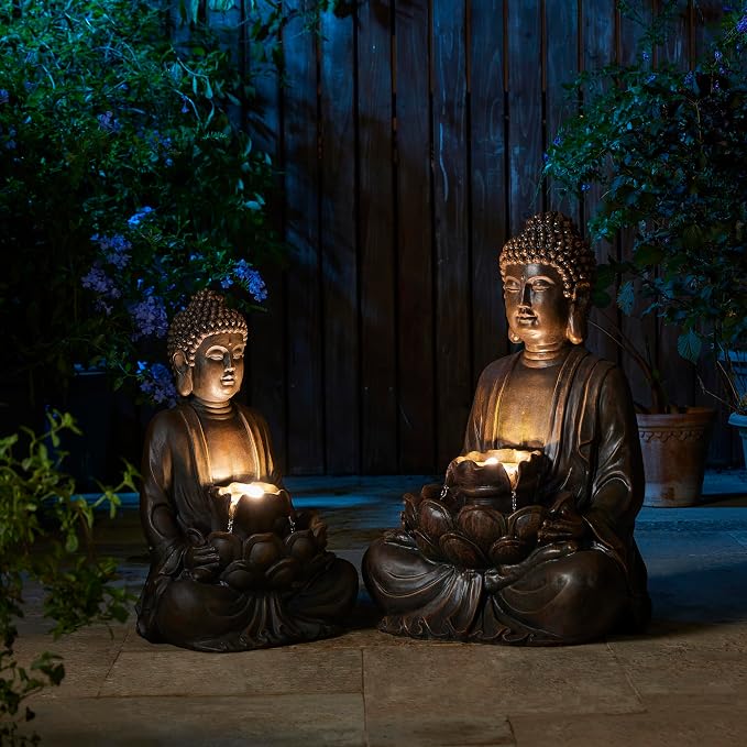 Glitzhome Buddha Fountain with Pump & LED Light, 2 Tier Zen Style Meditating Buddha Water Fountain Outdoor Fountains and Waterfalls Outdoor Buddha Statues for Garden Patio Backyard 28.25" H