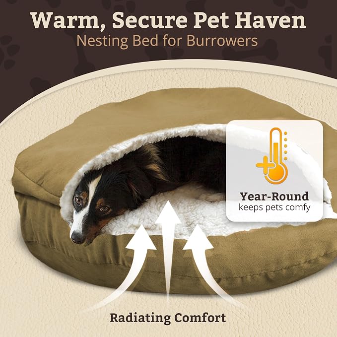 Snoozer Cozy Cave Dog Bed - Indoor Dog Bed with Cover Cave, Covered Calming Burrow for Small Sized Pets with Blanket Attached, Enclosed, Removable Washable Cover - Small, Khaki