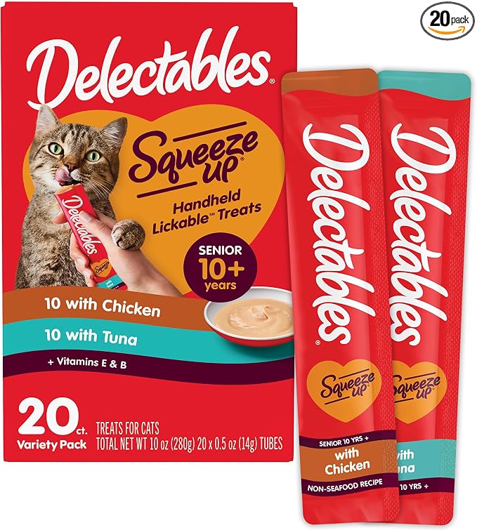 Delectables Squeeze Up Senior 10+ Variety Pack, Creamy Squeezable Puree, Lickable Wet Cat Treats, Grain-Free, No Added Fillers, 0.5 Ounces Tube, 20 Tubes Total
