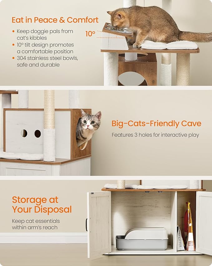 Feandrea Cat Tree, 66.9-Inch Cat Tower with Litter Box Enclosure, Large Condo with Food Station, Storage, Scratching Posts, Cave, Hammock, Washable Cushions, Rustic White and Honey Brown UPCT169W201
