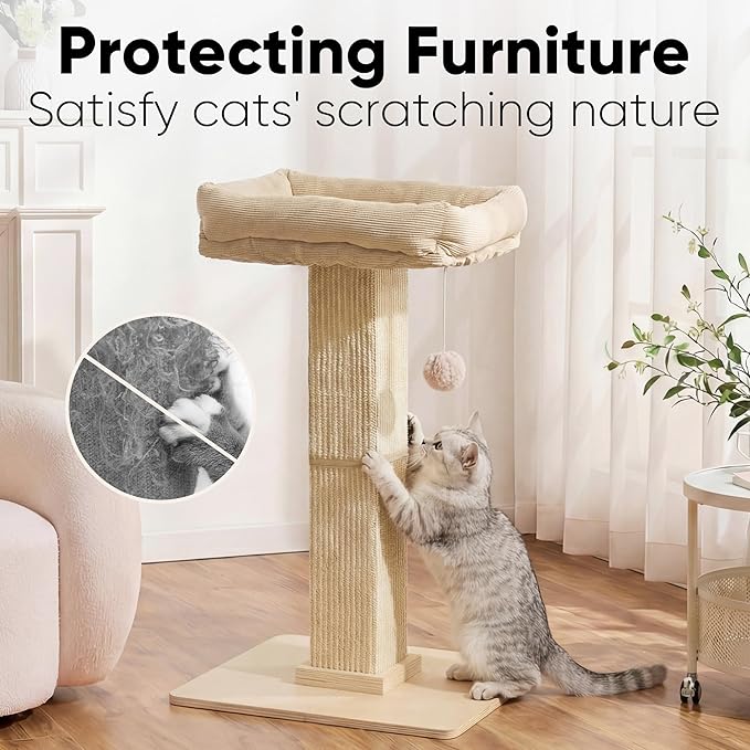 FUKUMARU Cat Scratching Post, Modern Style Tall Scratch Posts with Perch for Indoor Cats Adults, Large Cat Scratcher Tower with Bed, Small Tree with Raised Stand, Natural Sisal & Solid Wood