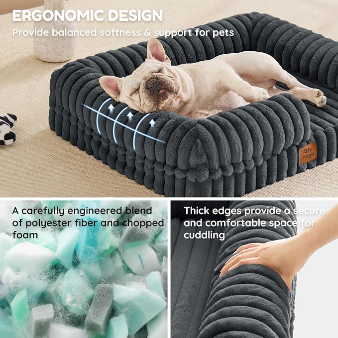 ChiXnuggle Rectangular Orthopedic Dog Bed for Medium Dogs, Waterproof Washable Faux Rabbit Fur Dog Couch with Egg Crate Foam Support, Bolster Pet Sofa with Non-Slip Bottom, 30x24x7, Dark Grey