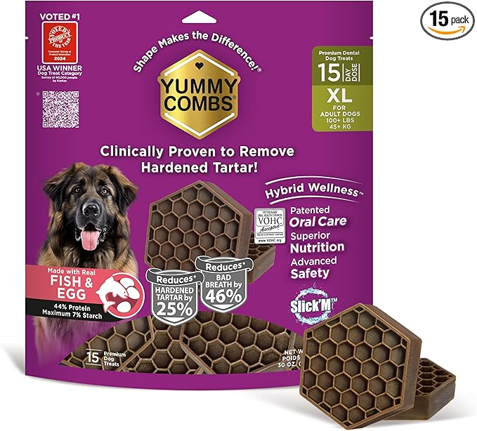 Yummy Combs Dog Dental Treats – Fish & Egg Protein – Vet VOHC Approved, Removes Tartar – A Daily Teeth Cleaning Treat for Extra Large Dogs (15 Count)