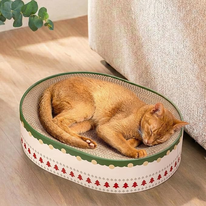 Conlun Cat Scratcher Bed, 2 in 1 Oval Cat Scratching Board for Indoor Kitty Scratch Pad Corrugated Cardboard Lounge Bowl Nest Couch Sofas for Kittens, Includes Cat Toy, Christmas