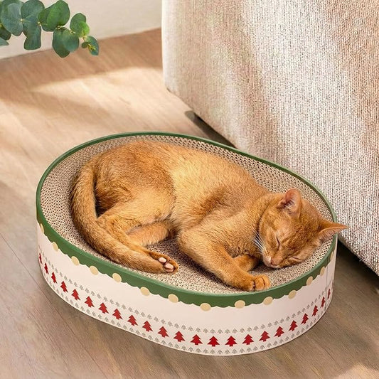 Conlun Cat Scratcher Bed, 2 in 1 Oval Cat Scratching Board for Indoor Kitty Scratch Pad Corrugated Cardboard Lounge Bowl Nest Couch Sofas for Kittens, Includes Cat Toy, Christmas