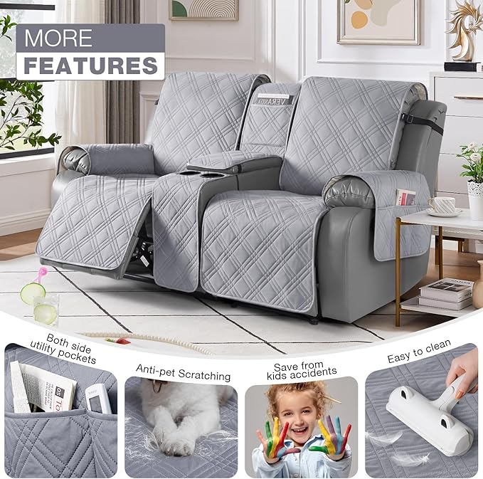 TAOCOCO Recliner Covers with Center Console, Waterproof Recliner Loveseat Cover for Dogs Split Reclining Loveseat Cover Washable Furniture Protector with Elastic Straps (2 Seater, Light Grey)