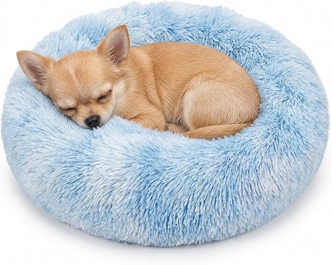 Tiny Dog Bed 15 Inch for Extra Small Dogs,Washable Puppy Bed,Soft Faux Fur Calming Donut Bed for Chihuahua Yorkie Maltese Pomeranian,Blue and White