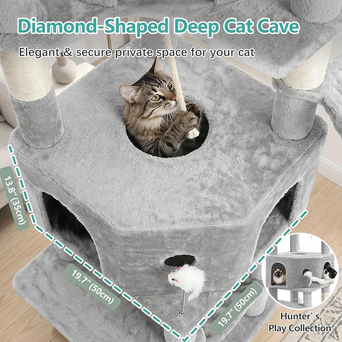 Cat Tree, 81.1" Skyward Corner Cat Tower for Large Cats with Diamond Hideout, Space-Smart Cat Furniture with Grand Platform, Firm Base, 3 Soft Hammock & Pet Relax Station, Light Gray VCT031W