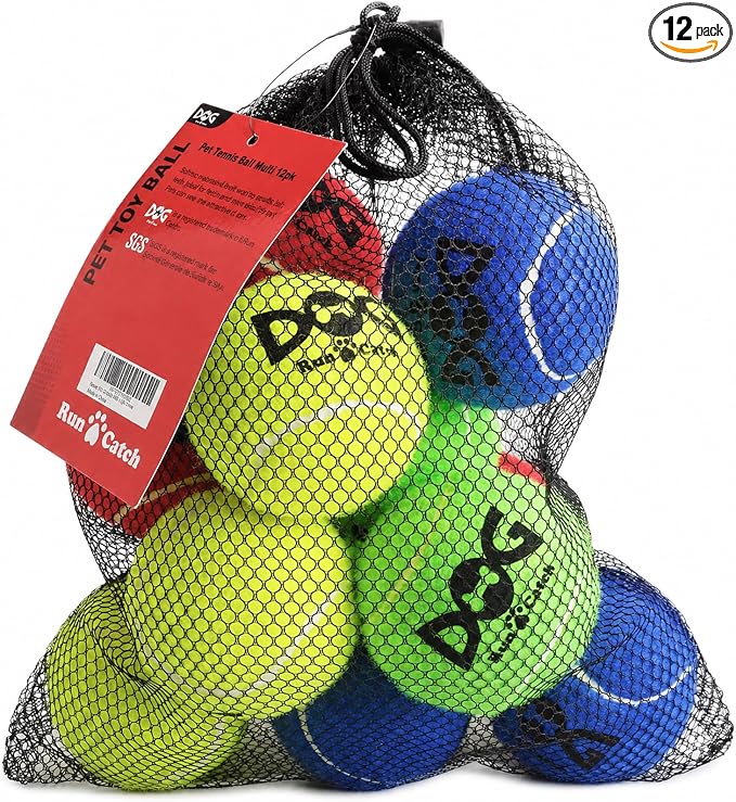 INSUM Tennis Balls for Dogs - 12 Pack 2.5'' Durable Non-Toxic Outdoor Dog Toys Balls with Mesh Bag, SGS Certified, Colorful Fetch Toys, Medium Large Breeds (Non Squeaky)