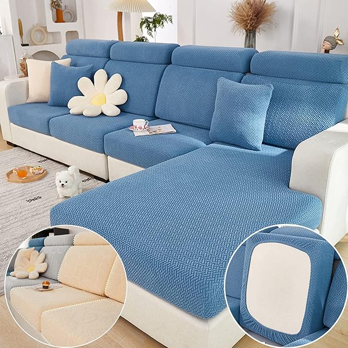 Yoovat Couch Cushion Covers for Sofa Couch Covers Wear-Resistant Universal Sofa Cover Washable Stretch for Sectional Slipcovers (Texture-Blue,Large Single Seat Cover)