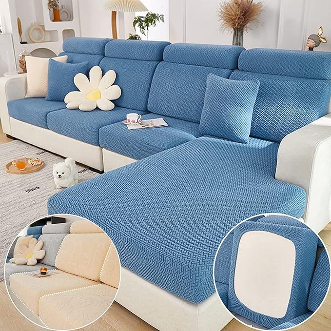 Yoovat Couch Cushion Covers for Sofa Couch Covers Wear-Resistant Universal Sofa Cover Washable Stretch for Sectional Slipcovers (Texture-Blue,Chaise Cover)