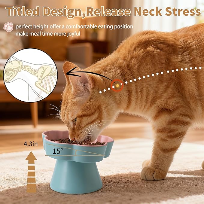 Tilted Cat Bowl, Flower-Shaped Ceramic Slow Feeder Cat Bowl, Raised Pet Bowl for Whisker Relief, Prevents Vomiting & Bloating, Non-Slip Base, Easy to Clean for Dry/Wet Food (Yellow & Beige)