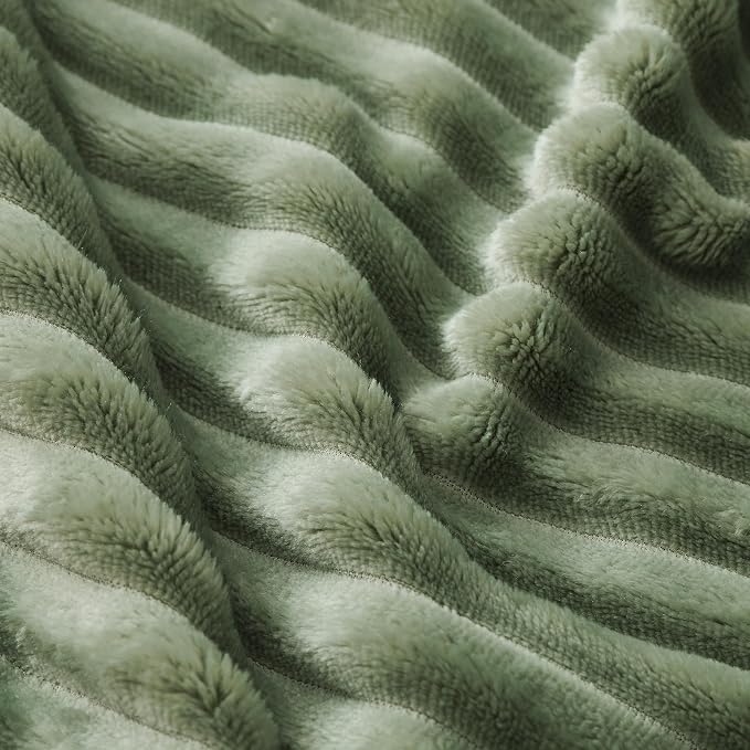 Bnuitland Sage Green Fleece Throw Blanket for Couch, 300GSM Soft Warm Cozy Fluffy Throw for Adults & Kids, Stripe Pattern 60"x80", All Season Sofa Bed Blanket for Home Decor