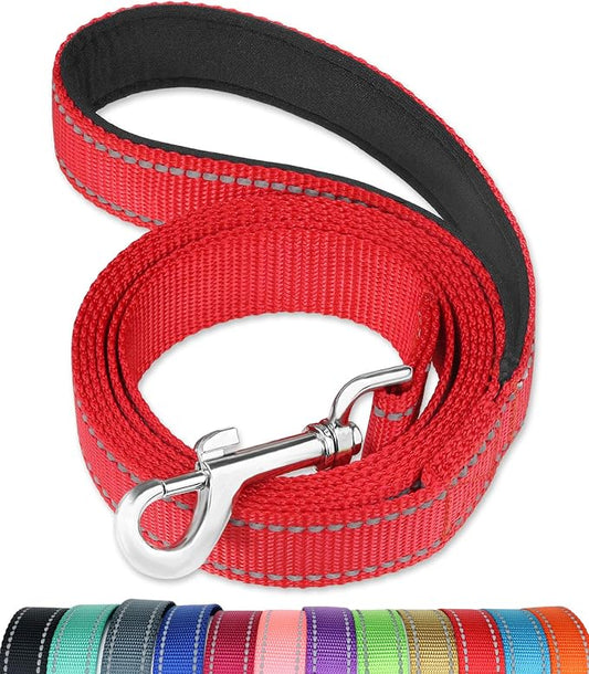FunTags 4FT Red Reflective Dog Leash for Medium & Small Dogs Training, Soft Padded Handle Comfortable Grip, Heavy Duty Nylon, Reflective for Night Walking, 3/4in Wide